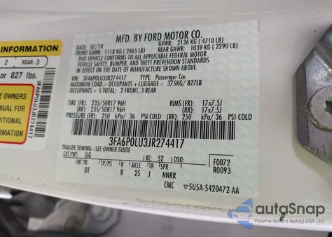 2018 Ford Fusion Hybrid Se из США, поврежденный, VIN 3FA6P0LU3JR274417